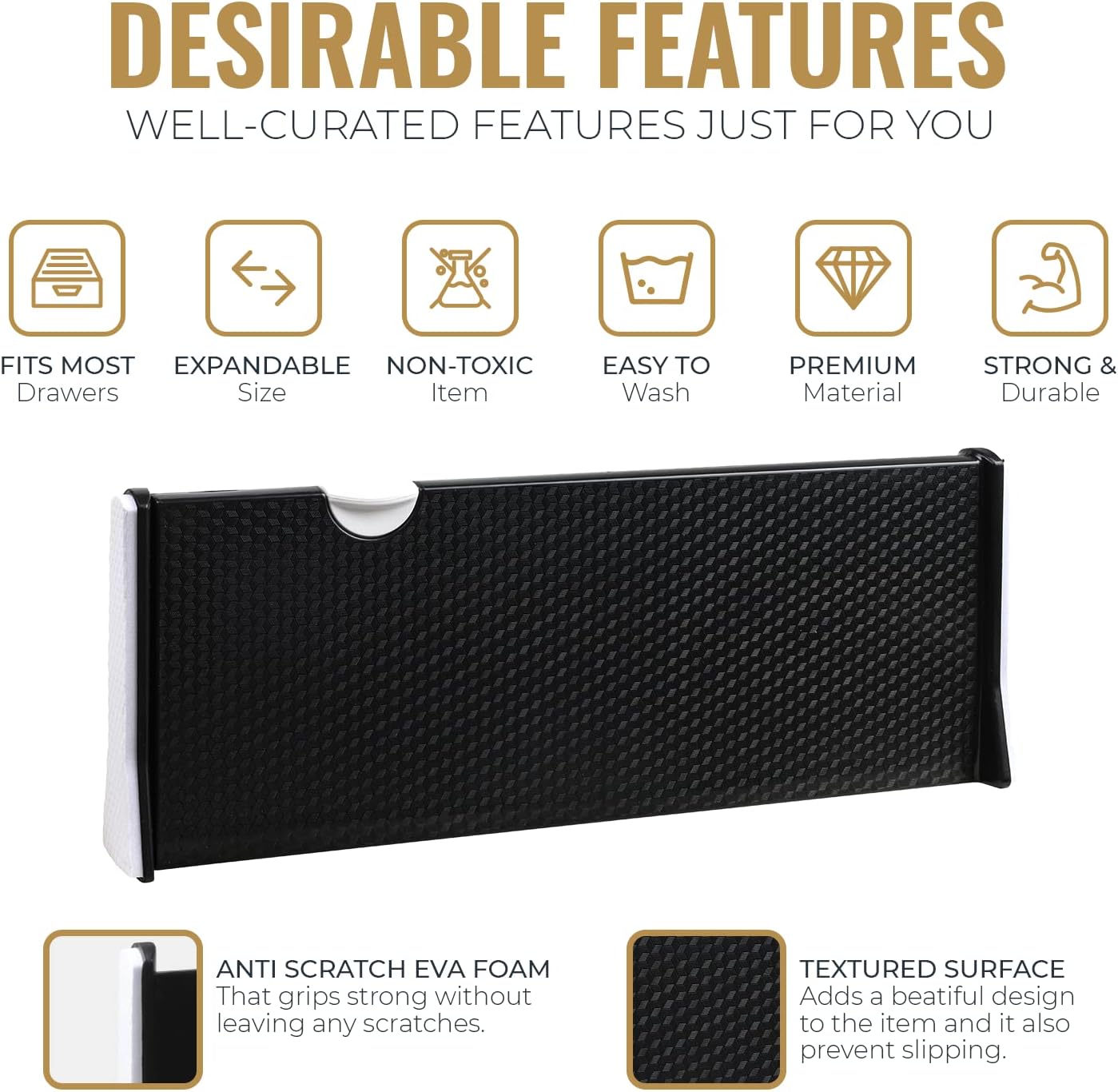 RAPTUROUS Adjustable Drawer Dividers 4 Pack, 4” High, 11-17” Long, Dresser Drawer Organizer for Bedroom, Closet, Kitchen, Nursery, Office, Strong Hold, Soft Foam Edges, Black