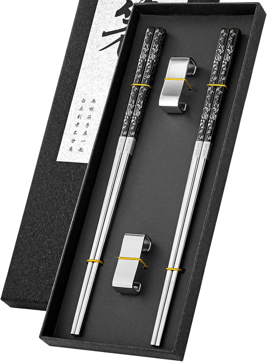 Metal Reusable Chopsticks 2 Pairs Titanium Plated Stainless Steel Chopsticks with Holder, Dishwasher Safe Non-Slip Japanese Style Chop Sticks Present Set (Black Silver)