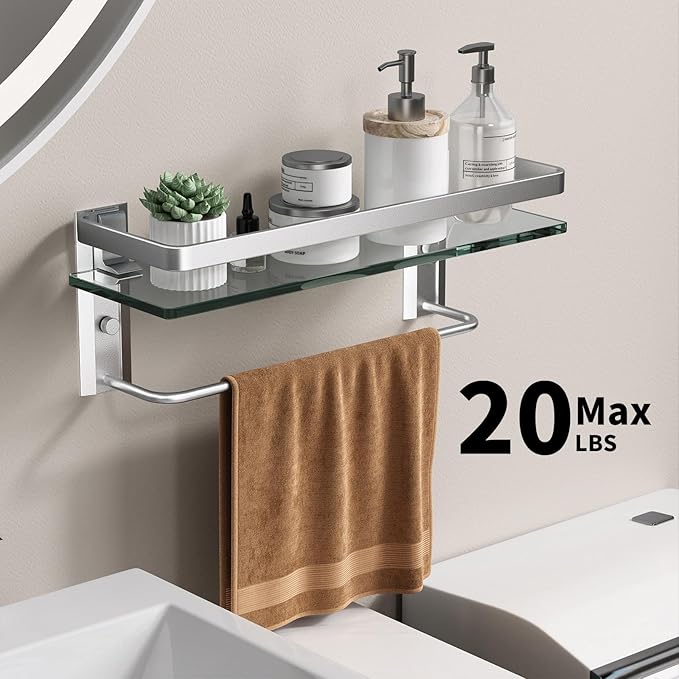 Danpoo Bathroom Wall Shelf with Towel Bar, Clear Tempered Glass, Hand Towel Holder (Matte Silver)