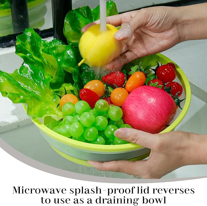 10.7 Inch Microwave Food Cover with Heat Insulation Mat, Anti-Scald Collapsible Microwave Splatter Cover, Multi-Functional as Colander & Fruit Plate, Dishwasher Safe, Ideal for Meal Prep (Green)