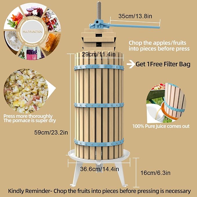SQUEEZE master XL Fruit Apple Cider Wine Classic Press-Blue-7.9 Gallon/30L-Solid Wood Basket-Vintage traditional juicer-Pole Handle Bar for Juice,Wine,Cider-1 free filter bag included