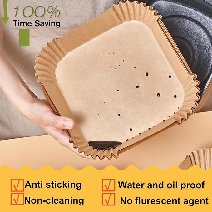 10 Inch Largest Square Air Fryer Disposable Paper Liner, XXL 100Pcs Air Fryer Parchment Liners for 8QT or Bigger Air Fryer, Non-stick, Food Grade Baking Paper for Frying, Roasting and Microwave