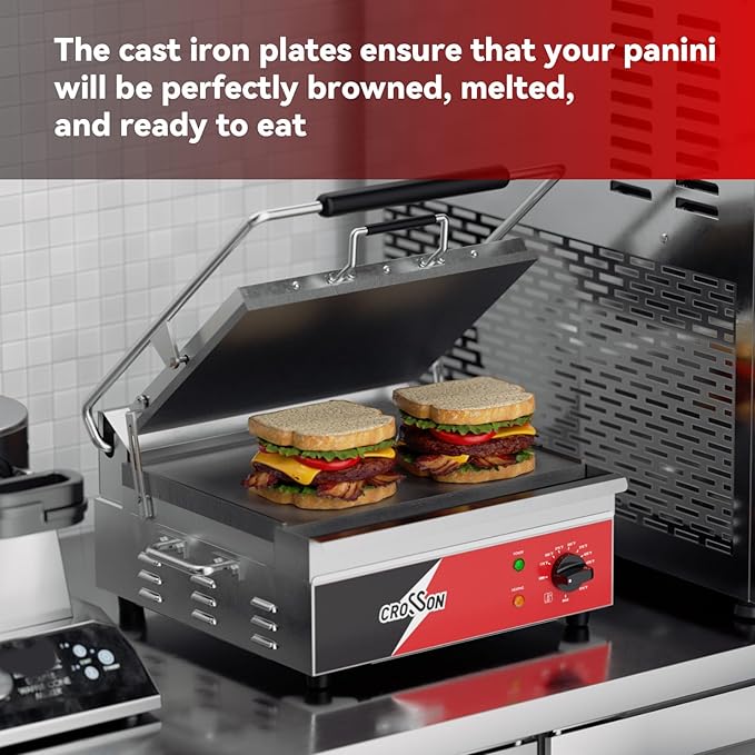 CROSSON 15"×11" Flat ETL Listed Commercial Electric Panini Grill,Hinged Auto Leveling Top Plate Panini Press Sandwitch Maker