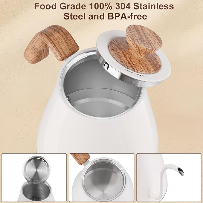 Gooseneck Electric Kettle, Intelligent Temperature Control, Stainless Steel Inner, Quick Heating, for Pour Over Coffee, Brew Tea, Boil Hot Water, 1000W 0.9L Off White