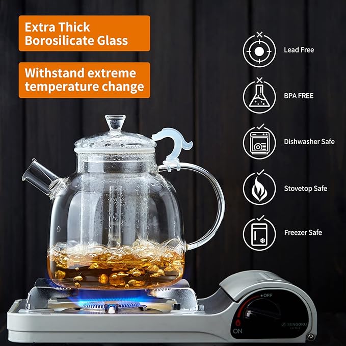 68OZ Glass Teapot, Large Glass Tea Pot With Infuser, Kettle For Stove Top, Tea Cup With Infuser For Loose Leaf Tea Steeper 2000ML, Dishwasher Safe