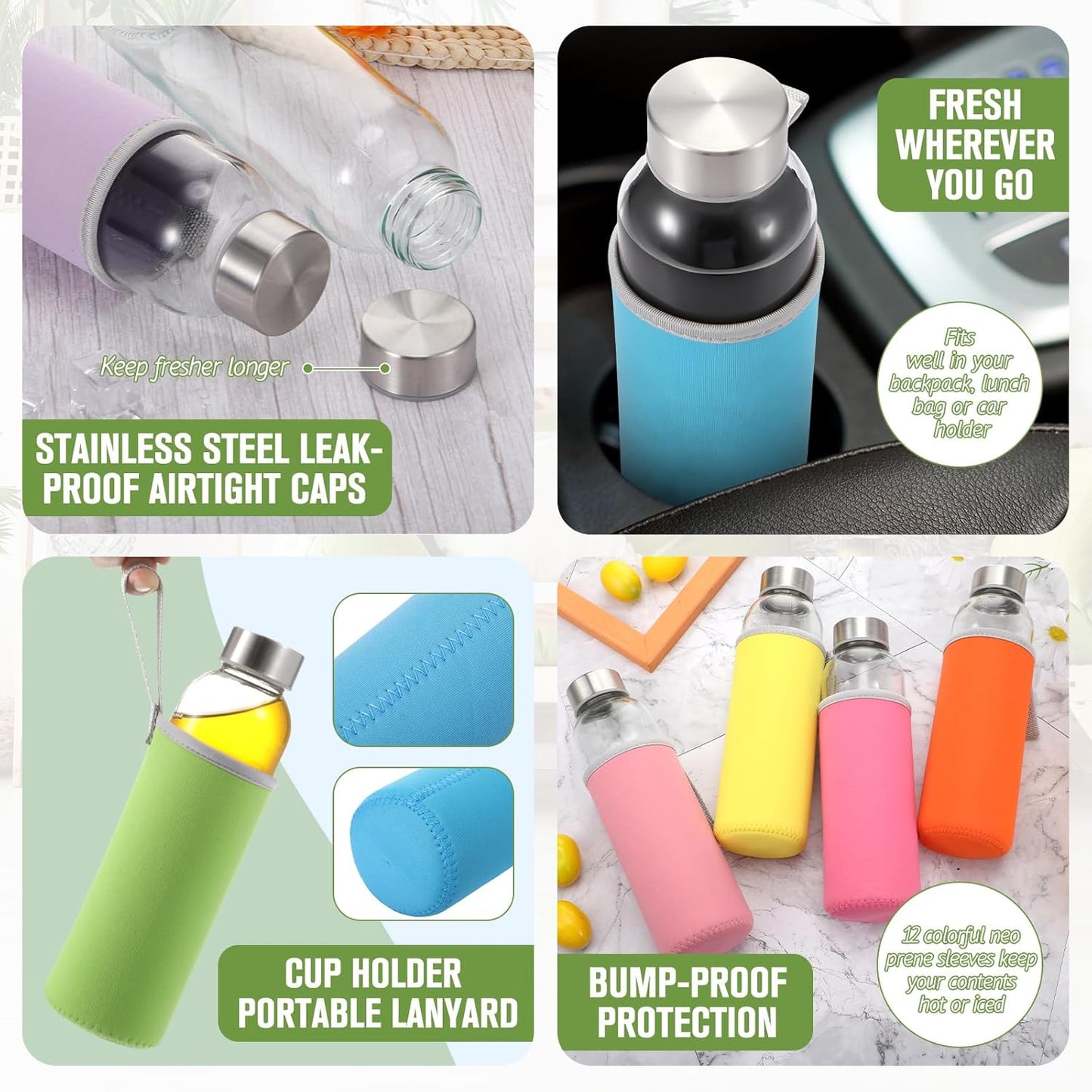 Vesici 12 Set 18 oz Clear Glass Water Bottles, Reusable Glass Juicing Bottles with Protection Sleeve and Stainless Steel Leak Proof Lids for Milk Smoothie Juice Beverage Tea (Colorful,Classic)