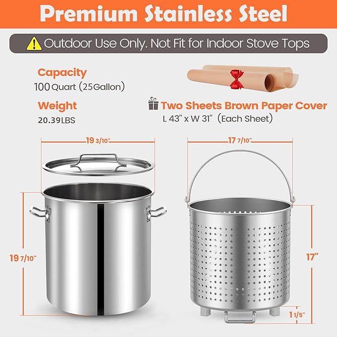 ARC 100 QT Large Crawfish Seafood Boil Pot with Basket and 2 Brown-paper Table Covers, Stainless Steel Stock Pot with Strainer, Outdoor Cooking Pot for Lobster, Crab, and Shrimp, 24 Gallon Pot