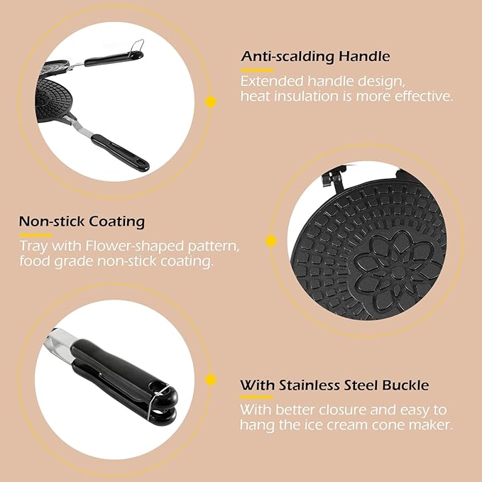 Dyna-Living Waffle Cone Maker Non-stick Ice Cream Cone Maker 6.7 inches Ice Cream Cone Waffle Maker Household Egg Roll Maker Waffle Bowl Machine for DIY Ice Cream Waffle Cone Desserts