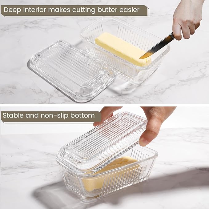 Wide Glass Butter Dish with Two Stick Butter for Countertop,Crystal Butter Container with Cover for Counter,Butter Tray Holder for Refrigerator,Large Glass Butter Keeper