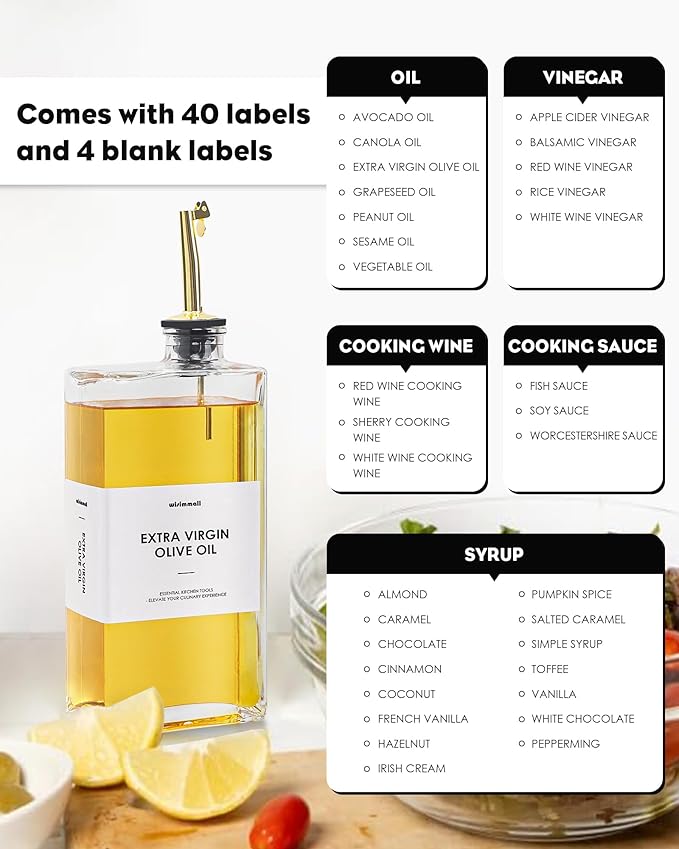 Olive Oil Dispenser For Kitchen, Glass Oil Bottle 500ML Oil And Vinegar Dispenser Set Of 2, Cooking Oil Dispenser With 2 Stainless Steel Pourers & 44 Labels, Soy Sauce Dispenser, Coffee Syrup Bottles