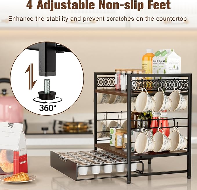 Coffee Bar Organizer, 3 Tier Coffee Station Organizer for Countertop, 30 K Cup Pod Drawer, Mug Cup Holder Stand With 12 Hooks, Multifunctional K Pods Shelf Storage Holder Drawer