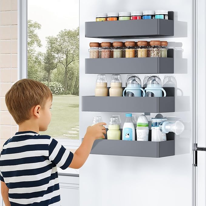 Magnetic Spice Rack for Refrigerator, Kitchen Organizer and Storage Shelf, Grey(2 Pack)