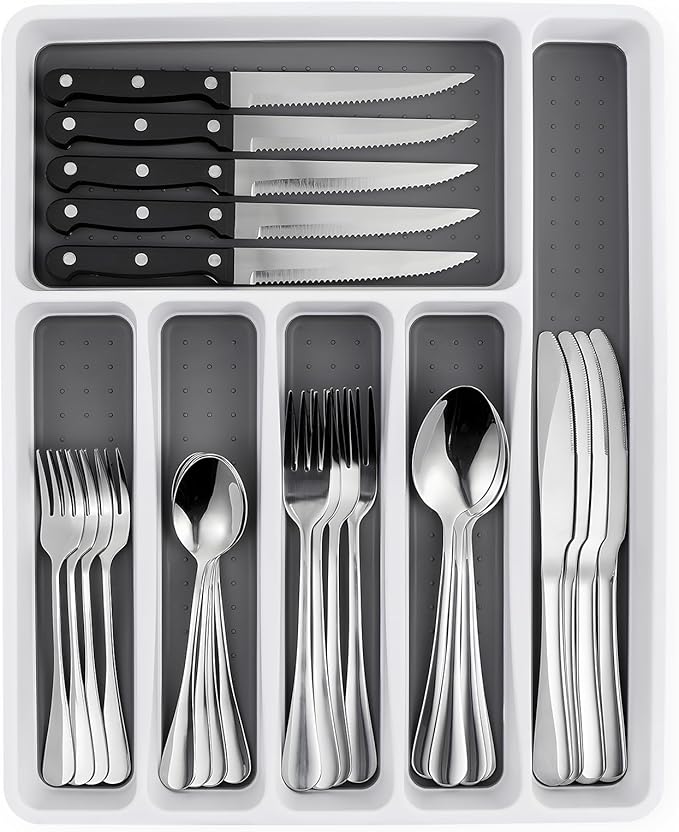 49 Piece Silverware Set with Organizer - Stainless Steel Cutlery Set for 8, kitchen Utensil Flatware with Steak Knives, Spoons and Forks, Dishwasher Safe, Rust-proof & Mirror Polished