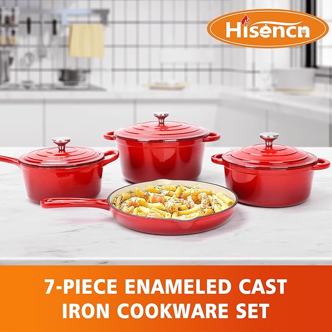 Hisencn Enameled Cast Iron Cookware Set - 7 Piece Dutch Ovens Set, Sauce Pan, Skillet, 3 Lids, Pots and Pans Set, Ceramic Coated Cast Iron, Heavy Duty, Gas/Induction Compatible, PFA Free, Rouge Red