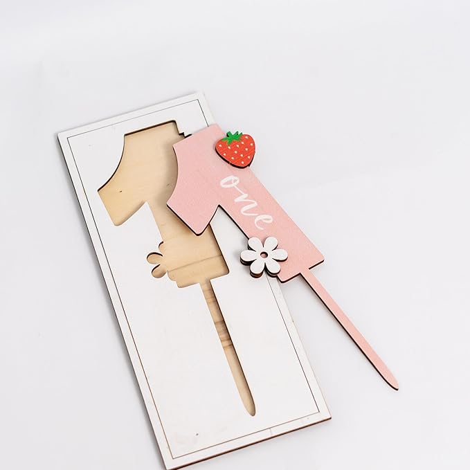 Strawberry One Cake Topper - Flower Wooden Cake Topper, Berry First Birthday Cake Decoration for Baby Shower, Birthday Party, Anniversary, Baby Photo Booth Props, Cake Smash...