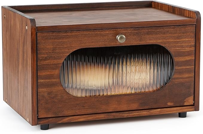 Sunhoo Bread Box for Kitchen Countertop Storage Wooden Breadbox Holder Container Morden Rustic Fresh Bread Keeper Farmhouse Stackable Organizer Bin for Homemade Food Shelf Acrylic Window (Brown)