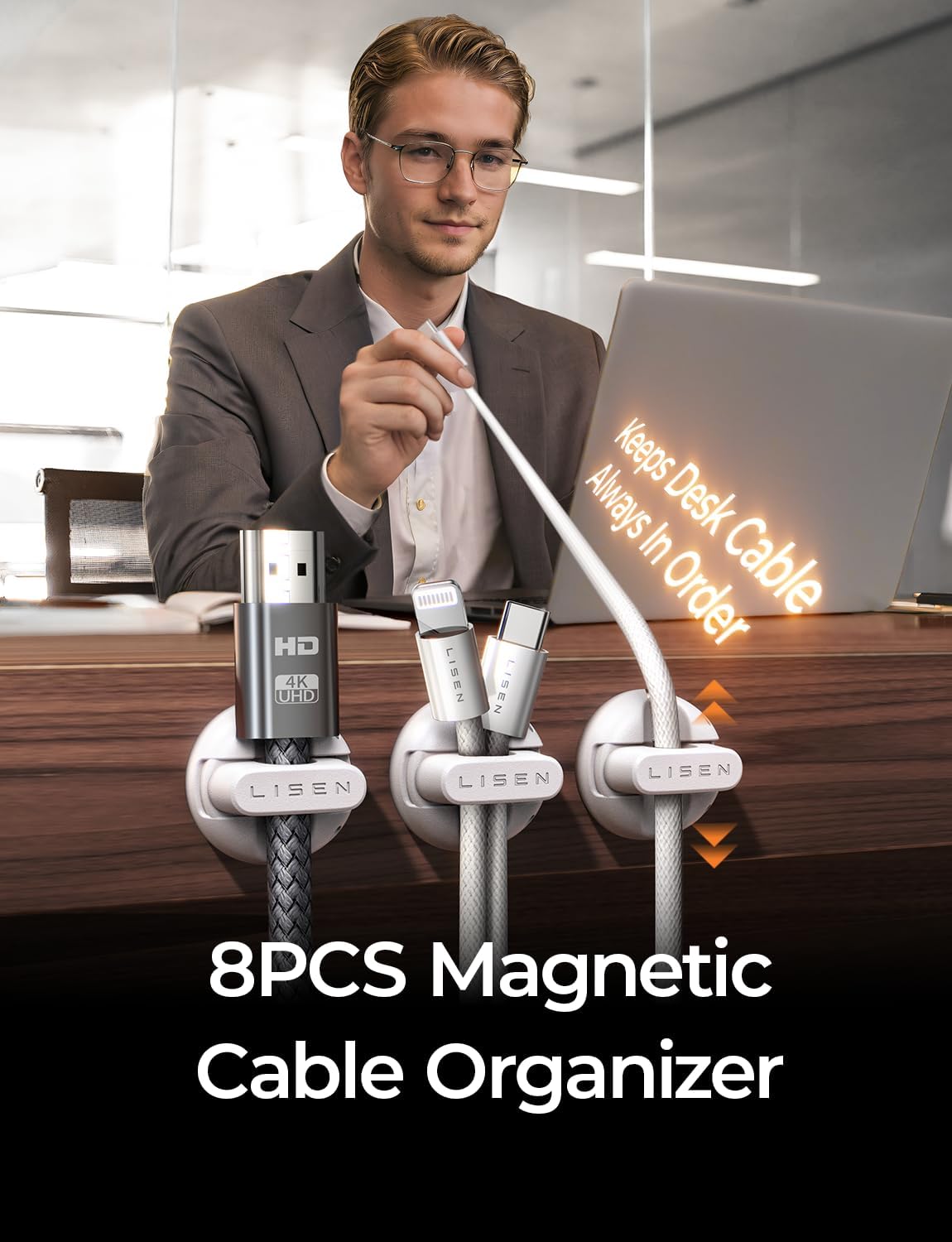 8 Pack Magnetic Cable Clips Organizer, LISEN Cord Holder for Nightstand [Smooth Adjustable] Adhesive Organizer for Cords Under Desk for Home Office Desk Car Wall Desktop Nightstand-White