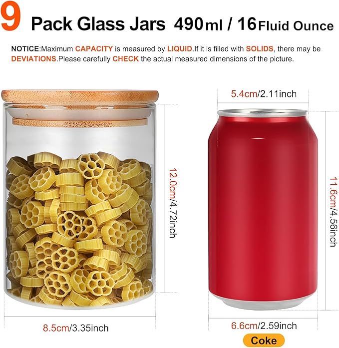 Glass Food Storage Containers Jars with Airtight Bamboo Lid 16 oz 9 pcs, 490 ml Pantry Organization Jar, Glass Terrarium with Lid, Spice, Flour and Sugar Container, Canister Set for Kitchen Counter