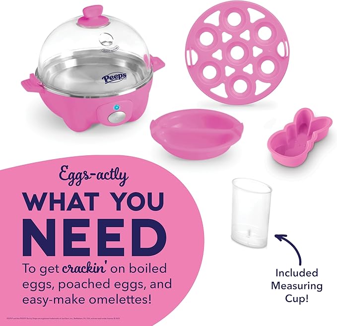 PEEPS x Dash Bunny Rapid Egg Cooker: 7 Egg Capacity Electric Egg Cooker for Hard Boiled Eggs, Poached Eggs, Scrambled Eggs, or Omelets with Auto Shut off Feature - Pink