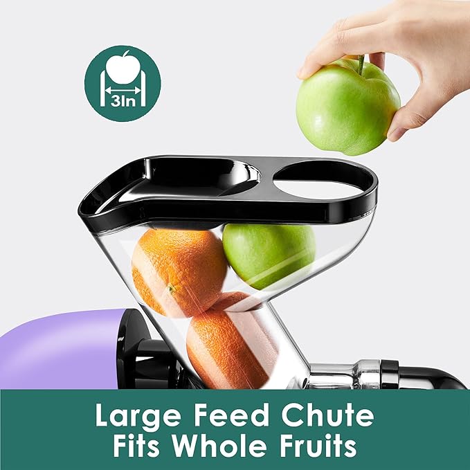 Masticating Slow Juicers, Fretta Wide Feeding Chute Cold Press Juicer, BPA-Free, Celery Juicer, Juicer Extractor with Quite DC Motor & Reverse Function, 2 Speed, 200W(Taro Purple)