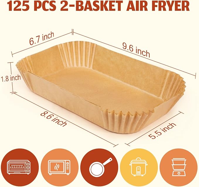 Air Fryer Liners Disposable, Airfryer Paper Liners, 125Pcs Non-stick Oil Resistant Air Fryer Liners Square, Parchment Liners 8.6" * 5.5", Fit for Most Ninja Dual Airfryer, Microwaves, Ovens