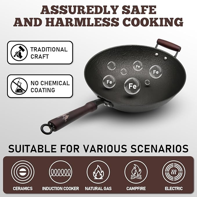 HONGJIANG Cast Iron Wok Pan, 13.4" Pre-Seasoned Flat Bottom Wok,Coating-Free Wok Stir Fry Pan With Glass Lid,Compatible Traditional Chinese Wok For Induction, Electric, Gas,Open Fire