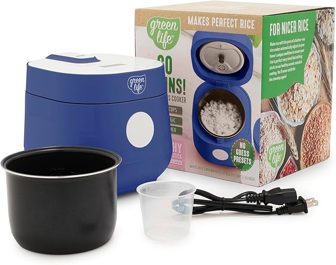 GreenLife Digital Rice Cooker, 2-Cups Uncooked/4-Cups Cooked, Removable Nonstick Ceramic PFAS-Free Pot, One-Touch Presets, Oats, Quinoa, Brown Rice, Auto Keep Warm, Fuzzy Logic Tech, 1.5 QT, Navy Blue