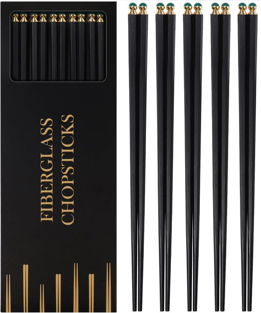 GLAMFIELDS 5 Pairs Premium Chopsticks Reusable Dishwasher Safe 10.5 Inch Gift Set Hexagon Black Chop Sticks with the Green Tops