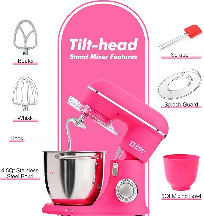 Kitchen in the box Stand Mixer, 4.5QT+5QT Two bowls Electric Food Mixer, 10 Speeds 3-IN-1 Kitchen Mixer for Daily Use with Egg Whisk,Dough Hook,Flat Beater (Neon Pink, 5QT)
