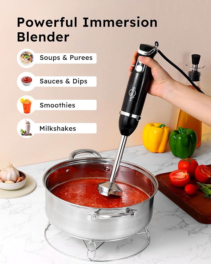 Sangcon Immersion Blender Handheld, 3-in-1 Hand Blender Electric, 400W Handheld Blender, Stainless Steel Blade Stick Mixer with Whisk, Milk Frother Attachments - Black