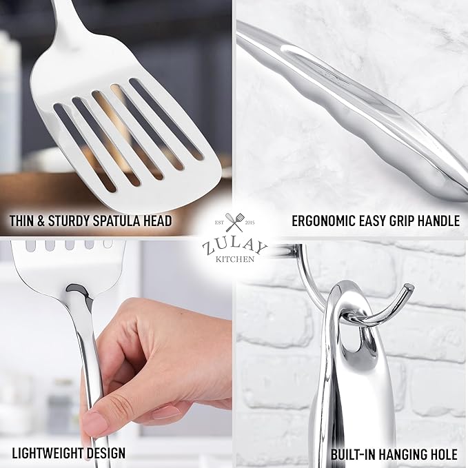 Zulay Kitchen Stainless Steel Metal Spatula – Lightweight, Strong & Durable Metal Turner – Easy to Use, Comfortable Grip, Heat Resistant & Dishwasher Safe – Perfect for Home Cooks & Chefs (14.8")