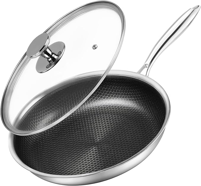 12 inch Tri-Ply Stainless Steel Frying Pan With Lid Large Nonstick Honeycomb Coatings Skillet for Eggs & Omelettes Non Toxic Healthy Omelette Pan Compatible W/All Cooktops