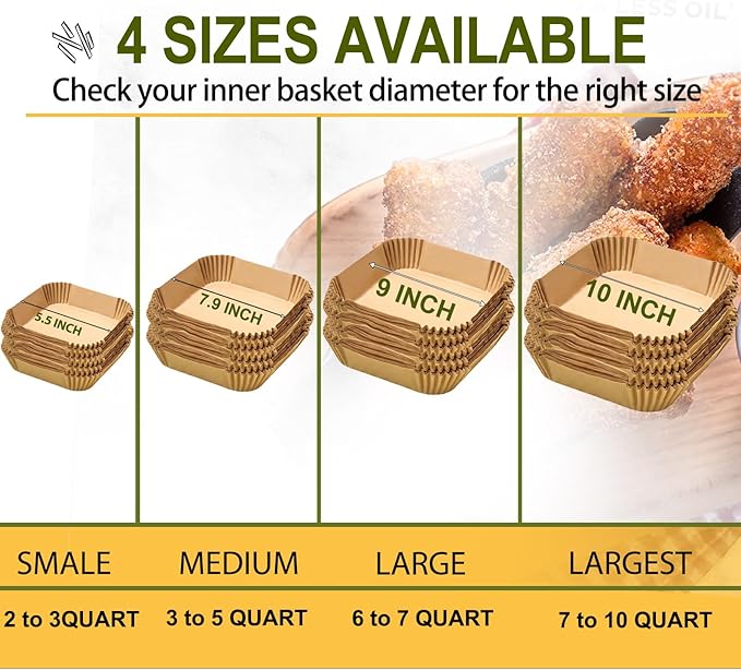 Large Air Fryer Disposable Paper Liners Square 9 Inch, 125 Pcs Parchment paper liner for 5-8QT Air fryer, Oil-proof, Water-proof, Parchment Baking Paper for Baking Roasting Microwave