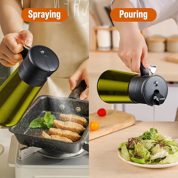 Glass Olive Oil Dispenser for Kitchen, 2 In 1 Oil Dispenser Bottle & Oil Sprayer for Cooking, Auto Flip Cap, 18oz Black (Light Blockage)