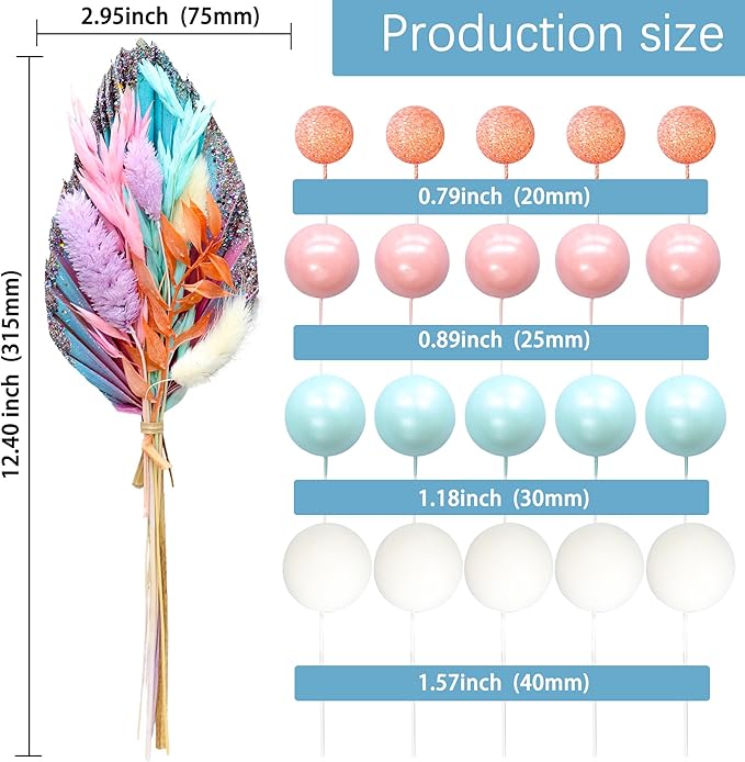 Gyufise 21 Pack Flower Boho Cake Topper Ball Cake Decorations Palm Leaves Plants Cake Decor for Girl Bohemian Princess Theme Wedding Baby Shower Birthday Party Supplies Pink Blue