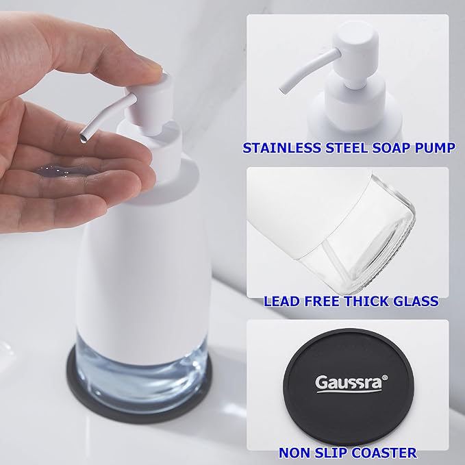 White Soap Dispenser with Coaster and Stickers, Stainless Steel and Glass Bottle Hand Pump Dispenser, Refillable Liquid Hand Soap Dispenser for Bathroom & Kitchen (11OZ / 320ML)