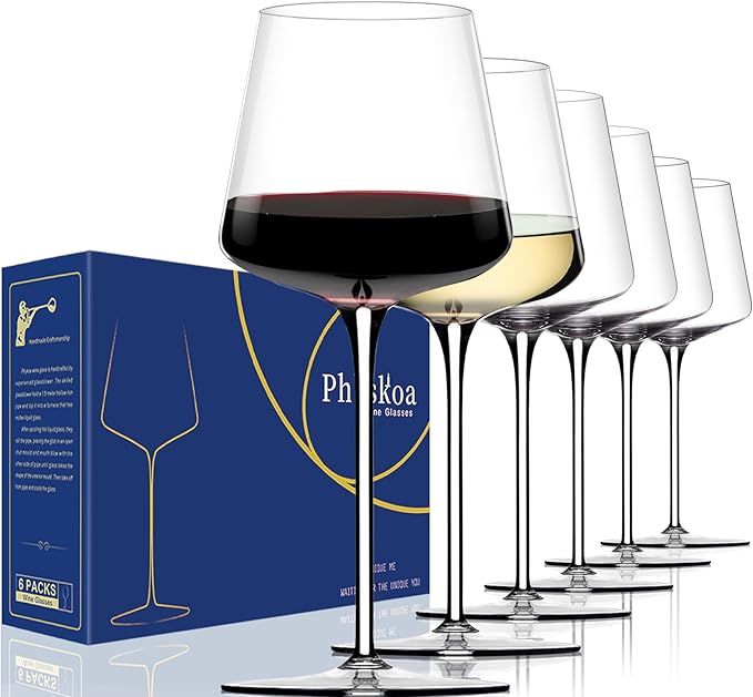 White Red Wine Glasses Set of 6 – 18oz Clear【Hand Blown】 Crystal Wine Glass – Tall Long Stem Modern Wine Glasses – Square Wine Glass with flat bottom – Unique gifts for Wedding,Brithday,anniversary