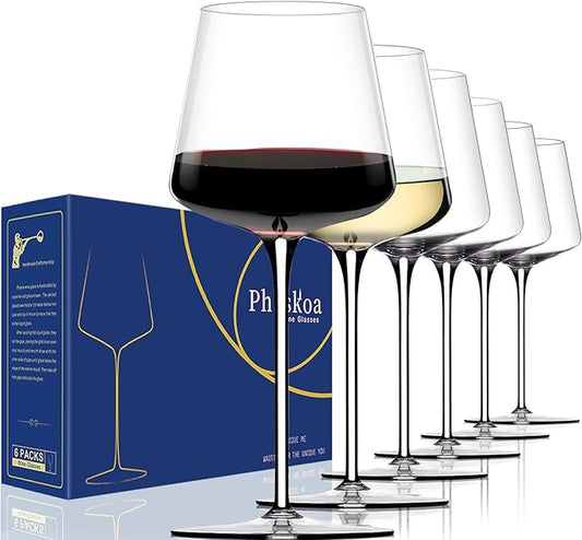 White Red Wine Glasses Set of 6 – 18oz Clear【Hand Blown】 Crystal Wine Glass – Tall Long Stem Modern Wine Glasses – Square Wine Glass with flat bottom – Unique gifts for Wedding,Brithday,anniversary