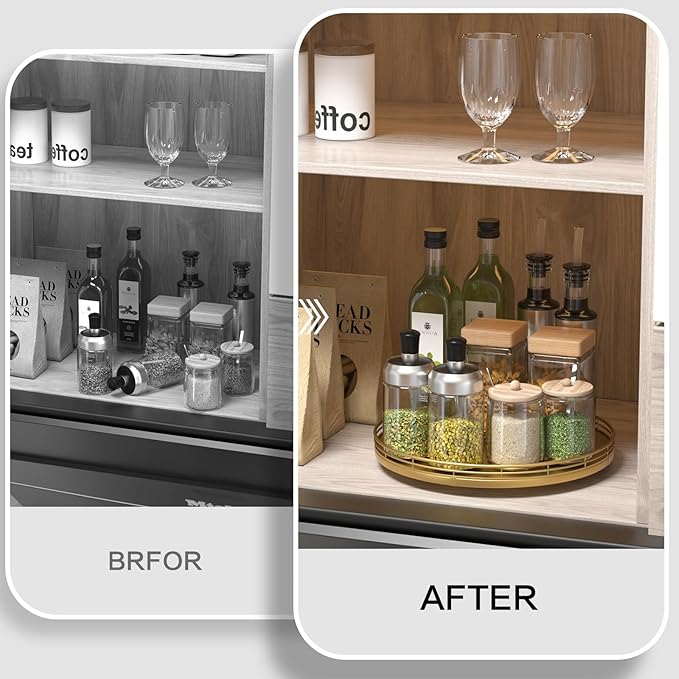 12" Gold Lazy Susan for Table Top, Oak Wood Lazy Susan Turntable Organizer for Dining Coffee Table Centerpiece Bar Decor Kitchen Countertop Bathroom Vanity Decorative Tray for Perfume Jewelry Round