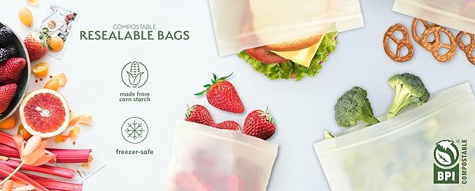 100% Compostable Food Storage Bags [Sandwich 150 Pack] Eco-Friendly Freezer Bags, Resealable Bags, Heavy-Duty, Reusable, by Earth's Natural Alternative, off white