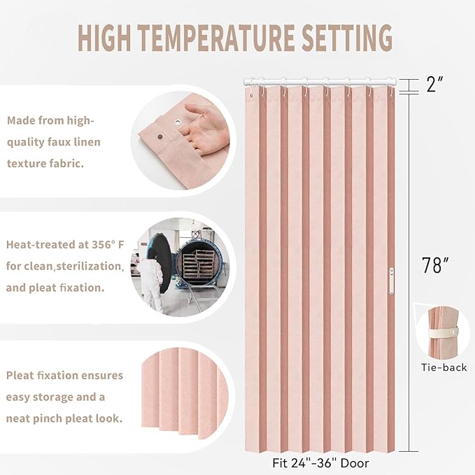 Vatge Doorway Curtains Accordion Pink Curtains for Girls' Room Door, Closet Doors Curtain, 80 Inch Long Privacy Curtains for Room Divider and Open Closet, 1 Panel with Tieback, W39 x L78, Pink