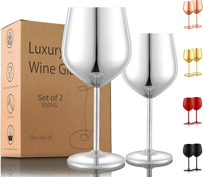 Stainless Steel Wine Glasses Set of 2, 18 oz Unbreakable Silver Wine Glass Unique Metal Wine Goblets for Outdoor Capming and Pool Gift for Wine Lovers