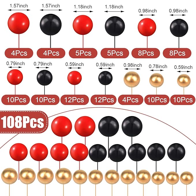 108 Pcs Balls Cake Topper DIY Cupcake Insert Foam Balloons for Cake Baking Wedding Anniversary Birthday Decoration(Red, Black, Gold,Multi Sizes)