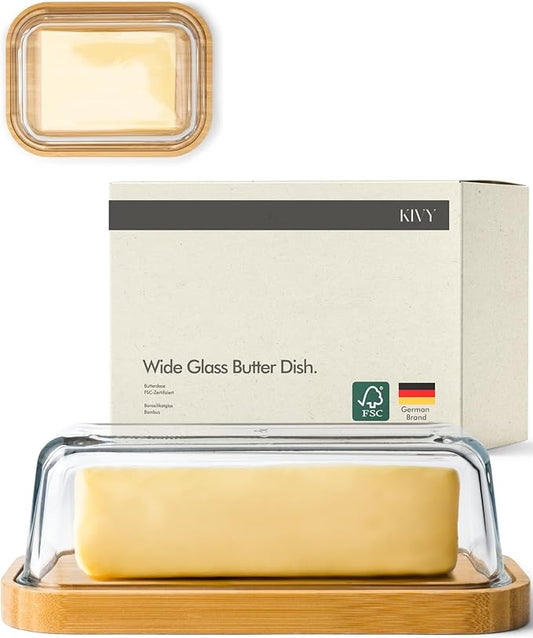 KIVY Large Butter Dish with Lid - Fits 2 Butter Sticks and Wider Sizes (Kerrygold, European Styles, Eastern, Western) - 2 Stick Butter Dish - Glass & Bamboo