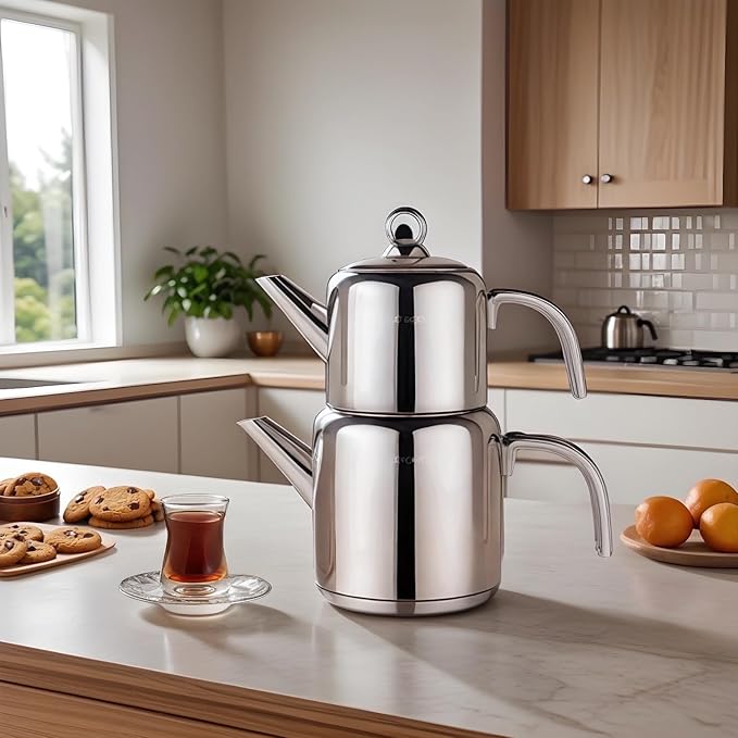 Karaca New Mani Turkish Tea Set for Stovetop, Induction Base Stainless Steel Tea Maker (1L Teapot & 2L Tea Kettle), Dishwasher Safe, Non-Burning Handles Samovar Style