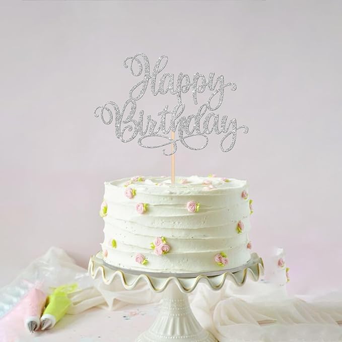 ZHUOWEISM 1 PCS Happy Birthday Cake Topper Glitter Happy Birthday Cake Pick for Celebrating Happy Birthday Anniversary Party Cake Decorations Supplies Silver