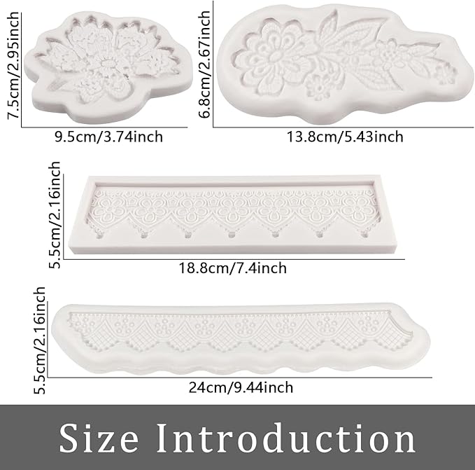 Lace Fondant Molds 4 Pcs, Peonies Embroidery Chocolate Cake Border Decorating Molds, Candy Sugar Craft Baking Tools, Cupcake Toppers Flower Paste Cookies Marzipan Mousse Butter Clay Epoxy