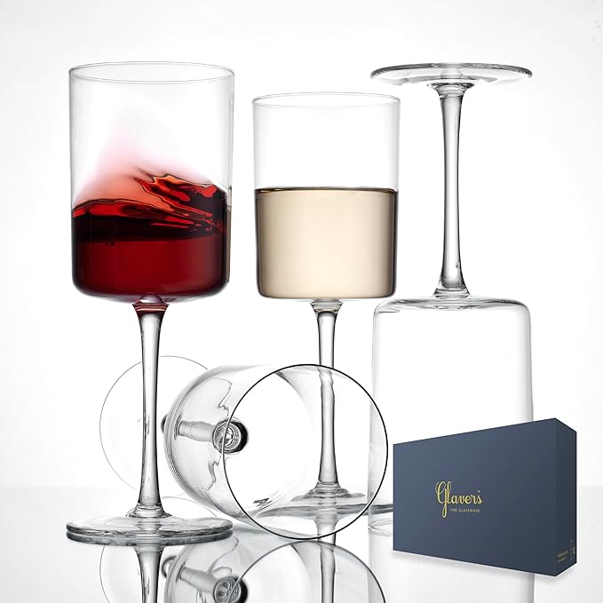 Square Wine Glasses Set of 4-16 oz - Crystal Wine Glass Set in Gift Packaging - Large Red Wine Glass on Long Stem - Housewarming Gifts New Home - Glasses Drinking Set - For White & Red Wine