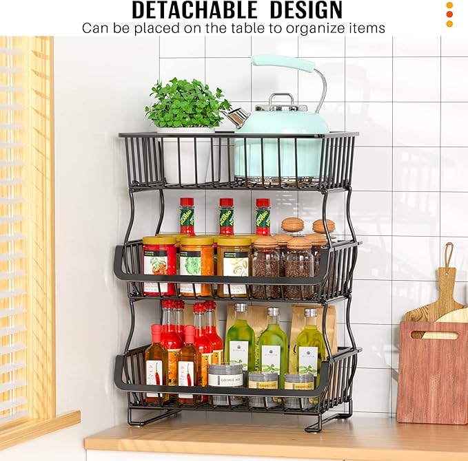 3-Tier Rolling Pantry Organizers and Storage Cart with Wheels – Stackable Wire Snack Cart for Kitchen, Pantry Shelves and Storage Rack for Fruit, Vegetables, Onion, Potato, 1 Pcs