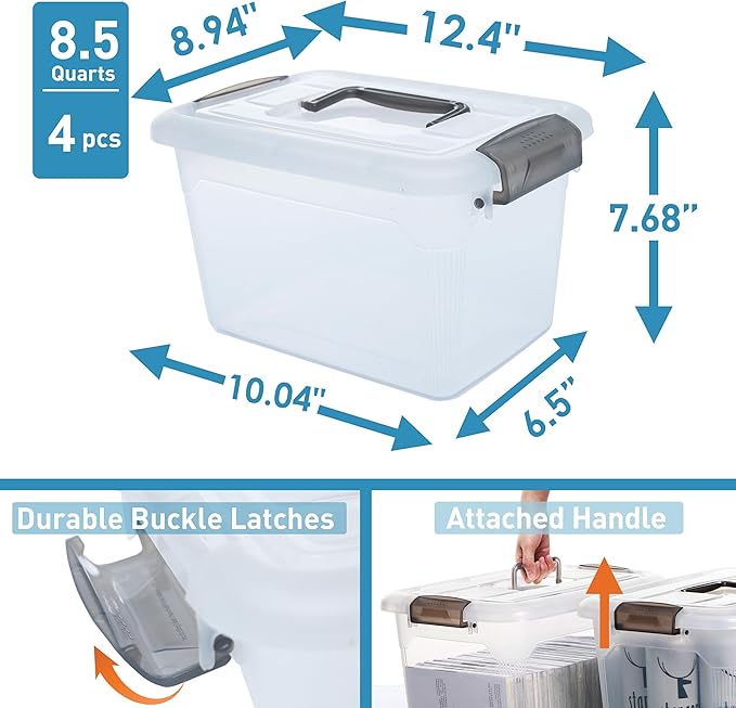 Citylife 4 Packs 8.5 QT Storage Bins with Lids Clear Plastic Bins with Grey Handle Stackable Storage Containers for Organizing